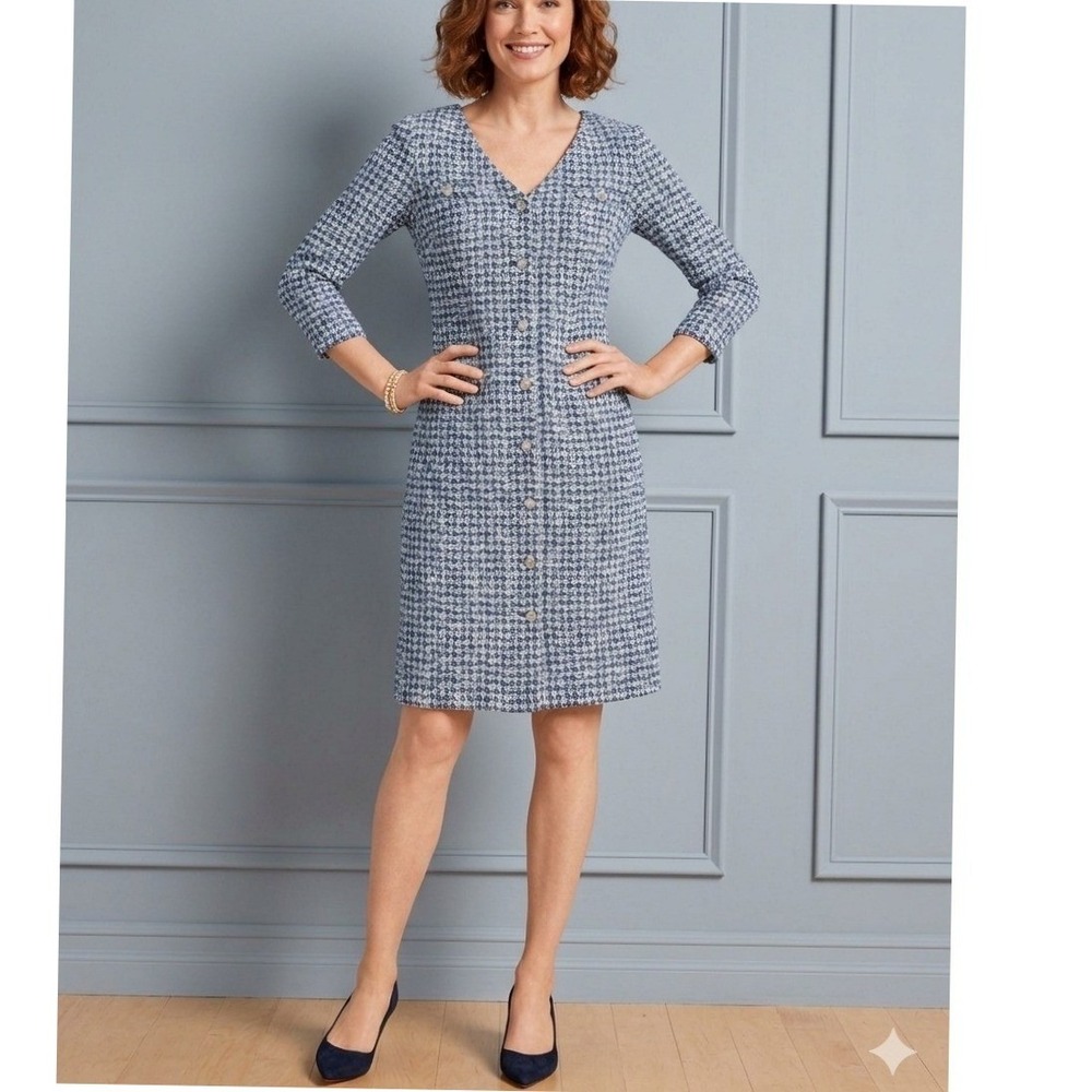 Talbots Dress Womens Size 18 Blue Tweed Silver Crest Button Front NWT